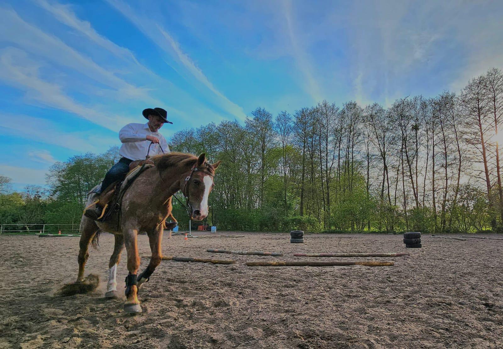 Koń westernowy podczas treningu reiningu na hali Dębogóra Ranch